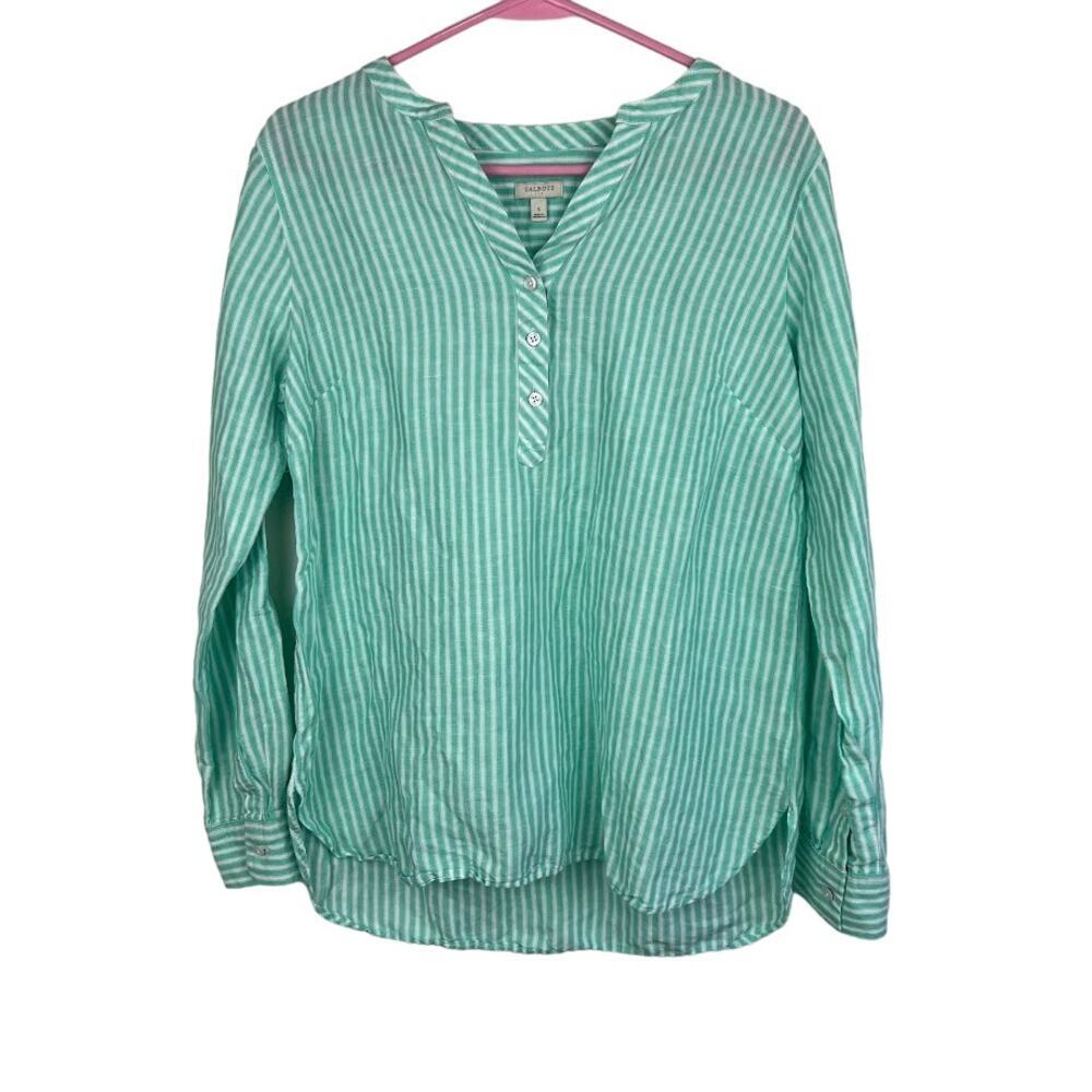 Talbots Green and white striped 1/2 button up Linen blend blouse size small